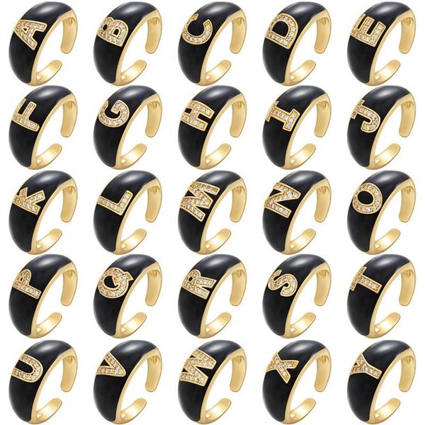 

wedding rings micro pave copper zircon letter gold color ring for women jewelry girl gift black enamel luxury set adjustable, Slivery;golden