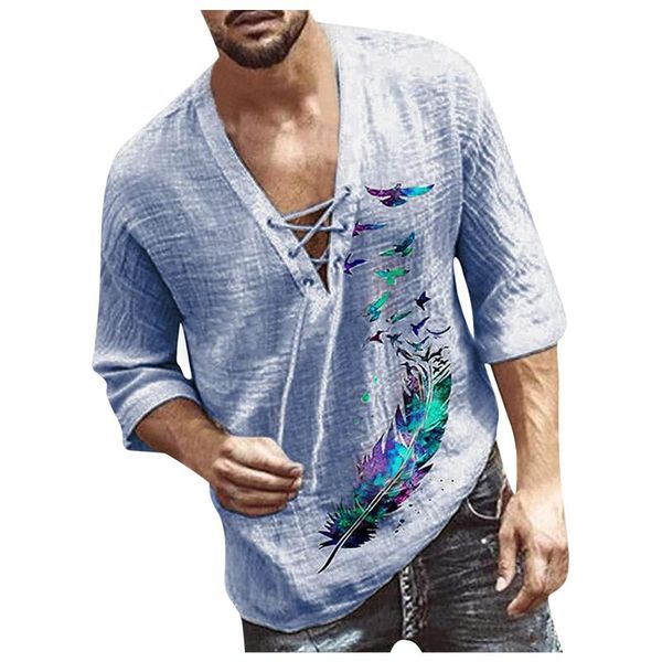 

men's t-shirts casual oversized 2021 feather print v-neck frenulum blouse half sleeve t-shirt men clothing camiseta hombre, White;black