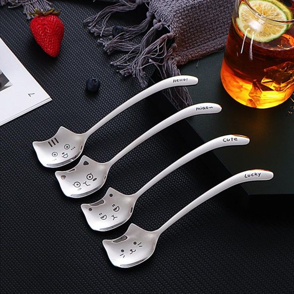 

spoons cute cat dessert spoon 304 stainless steel teaspoon for coffee ice cream laser engraving long handle flatware gifttableware