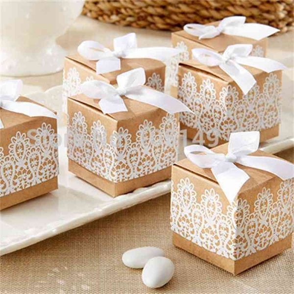 50 pcs doce adorável decoração caixa de doces caixas de papel caixa rústica laço kraft caixa caixa com fita casamento e festa 210402