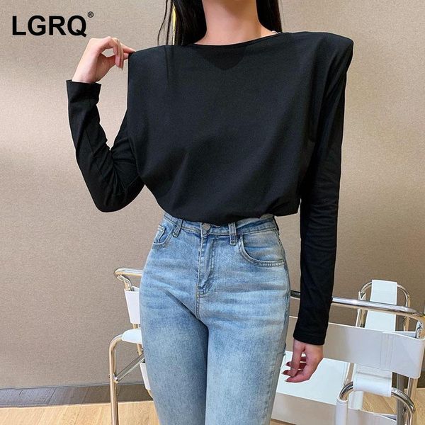 

[lgrq] women black big size shoulder padded chain backless t-shirt round neck long sleeve fashion spring autumn 2021 19d300 women's, White