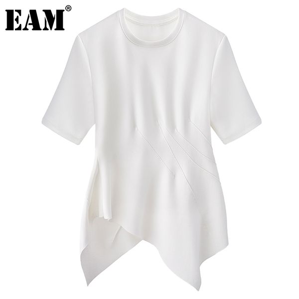 

[eam] women white slim ruffles asymmetrical casual t-shirt round neck half sleeve fashion spring summer 1dd7703 21512