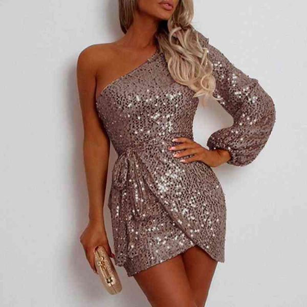 

women sequined mini dress evening costume long sleeved one shoulder irregular dress elegant dresses for women vestidos y1204, Black;gray