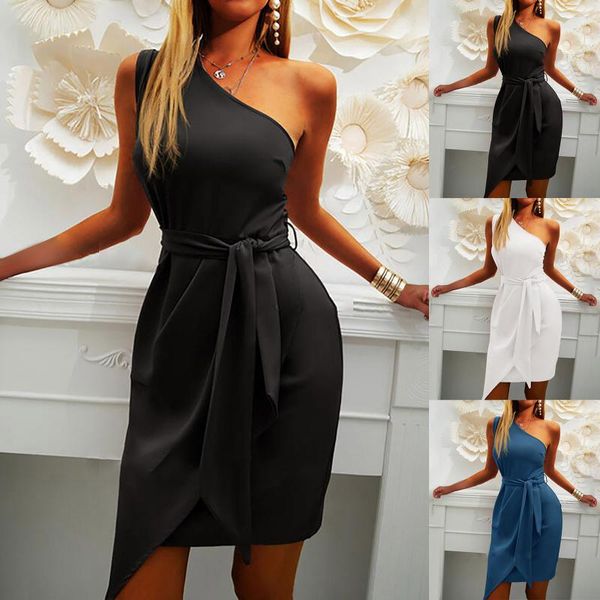 

casual dresses summer for women fashion solid color sleeveless slanted shoulder strap dress personality trendy sexy, Black;gray