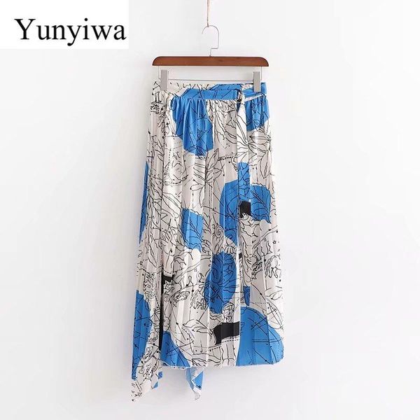 

skirts women fashion graffiti printing casual irregular pleated midi skirt faldas mujer ladies elastic belt vestidos, Black