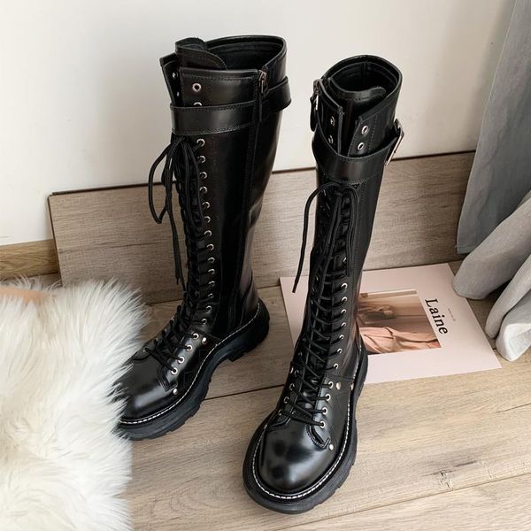

boots women's black knee high motorcycle lace up round toe shoes b143