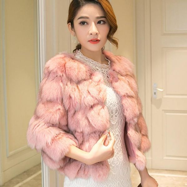 

women's fur & faux fashion natural jackets women short design 3/4 sleeve real coats outerwear elegant ladies leather jacket, Black