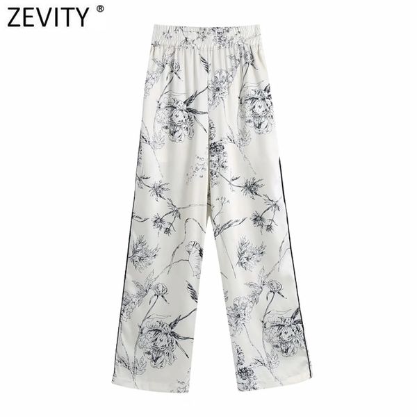 

women vintage ink flower print wide leg pants pajama female chic elastic waist pockets casual long trousers p982 210416, Black;white