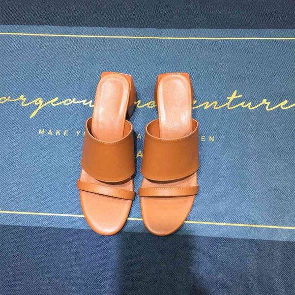 

h family 2021 new double line high heel slippers fashion british thick leather sandals end women's shoes qih9 zmm, Black