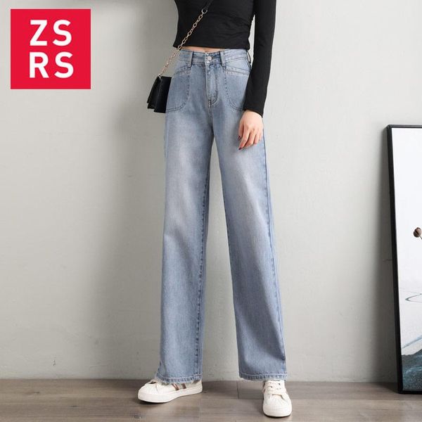 

women's jeans zsrs woman high waist clothes wide leg denim clothing blue vintage 2021 spring fashion harajuku straight pants