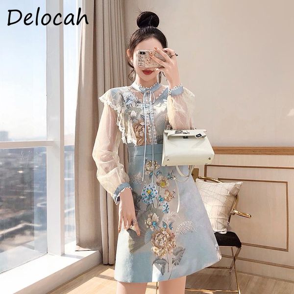 

delocah women summer fashion runwayÂ short dress lantern sleeve ruffles bow lace sequined ladies patchwork a-line dresses 2021 casual, Black;gray
