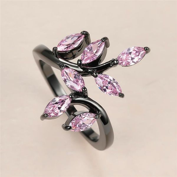

dainty female pink crystal stone ring luxury 14kt black gold wedding rings for women charm bride leaf zircon engagement, Slivery;golden