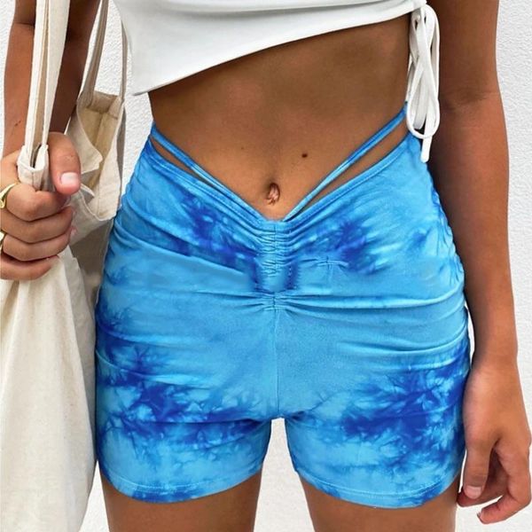 

women's shorts 2021 summer drawstring women high waist elegant folds bandage casual tie dye blue female skinny plus size pants, White;black