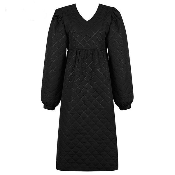 

casual dresses women v neck dress retro rhombus cotton puff sleeve long padded thickened ladies winter 2021 clothing, Black;gray