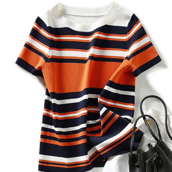 

shintimes tee shirt 2021 summer new knitted t-shirt women casual woman t-shirts striped hit color loose tee shirt femme, White