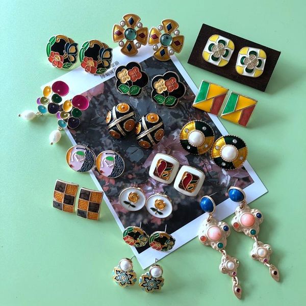 

stud vintage colorful metal enamel plant flower earrings smooth irregular geometric matte round square studs for women gifts, Golden;silver