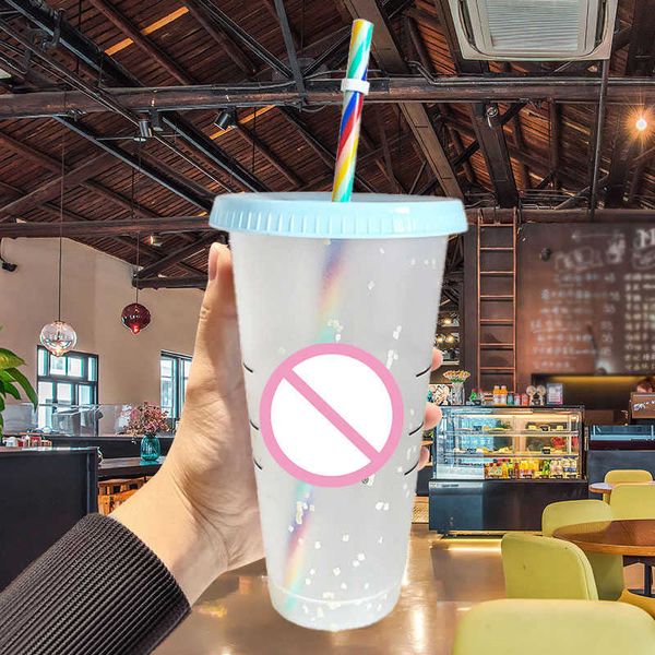 

reusable color straw coffee cup, portable coffee cup, matte plastic cover, starbucks, cold discoloration, 710ml