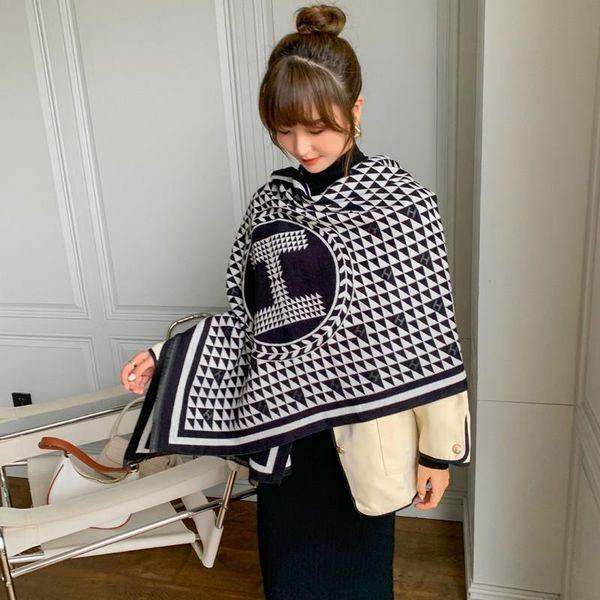 

korean dongdamen letter h imitation cashmere scarf women's new winter thickened warm double-sided student bib shawl, Blue;gray