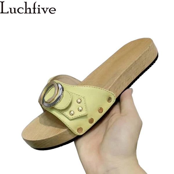 

slippers metal buckle leather black light yellow open toe eyelet air vent design concise summer runway beach flat shoes