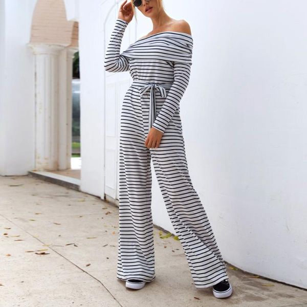 

women's jumpsuits & rompers striped jumpsuit a-line lapels casual women high waist lf88, Black;white