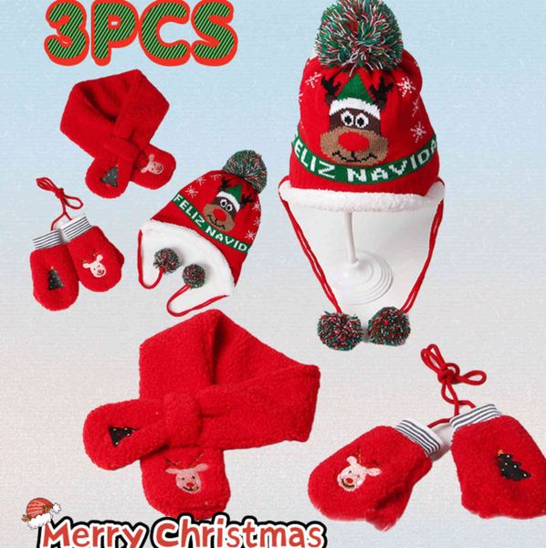 3 Stück Kinder Winter Warme Hüte Schal Handschuhe Set Baby Mützen Kappe Gestrickte Plüsch für Mädchen Junge Kind Weihnachten Rot