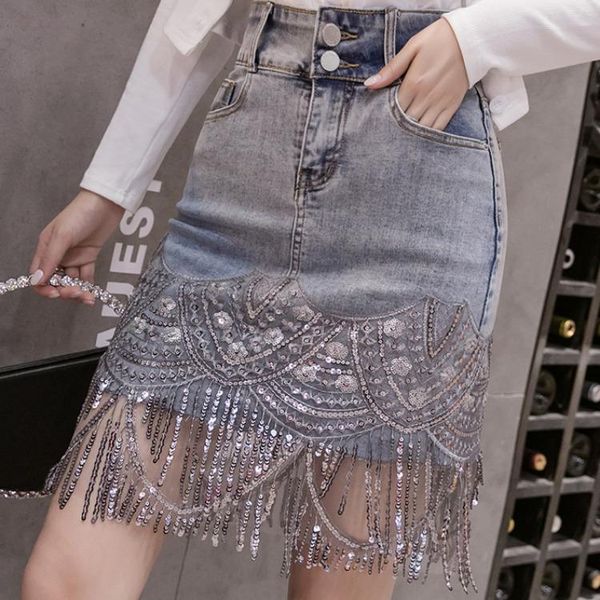 

skirts sequined skirt ladies stitching denim elegant embroidery high waist mini for woman plus size jean, Black
