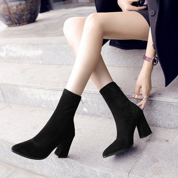 

boots pointed suede high boot women's autumn heel thick short back zipper, Black