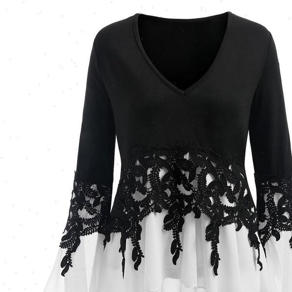 

ladies womens shirts fashion women casual elegant chiffon v neck long sleeve shirt small flare lace yl10, White