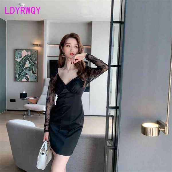 

autumn women's lace stitching slim wrap dress 210603, Black;gray