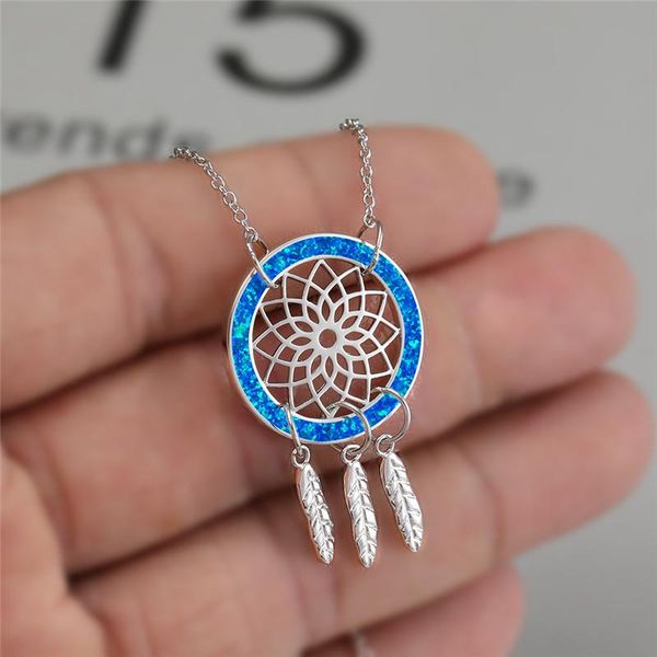 

cute female hollow dreamcatcher pendants necklaces rose gold silver color wedding for women charm opal chain necklace pendant