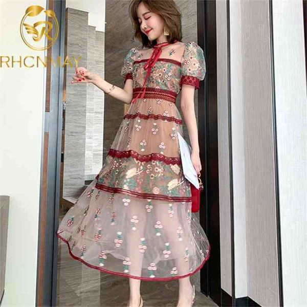 

runway flower embroidery dress women short sleeve o-neck bow vintage mesh female patchwork lace floral mid calf 210506, Black;gray