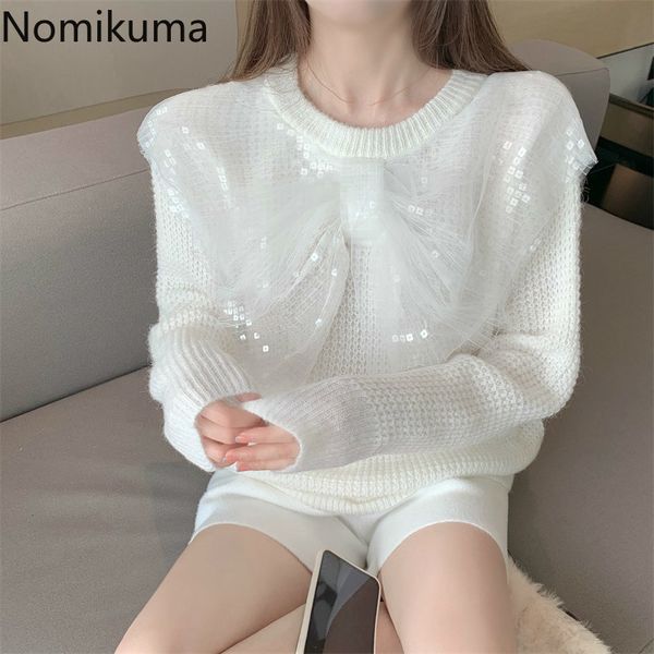 

nomikuma sequined bow knot patchwork pullover jumpers o neck long sleeve autumn korean sweet sweater women ropa mujer 3d569 210514, White;black