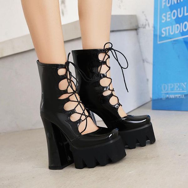 

summer women patent leather platform chunky heeled bootie shoes spring square head lace-up high heel ladies boots, Black