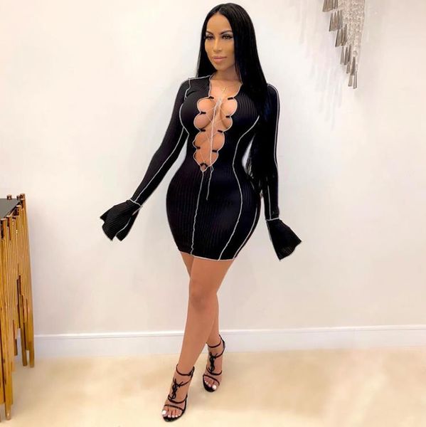 

goods lace up deep v neck ribbed long sleeve bodycon dresses women patchwork club partywear fashion mini dress spring fall 011910, White;black