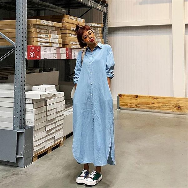 

casual dresses 2021 women denim shirt dress summer vintage single breasted streetwear loose split blue long, Black;gray