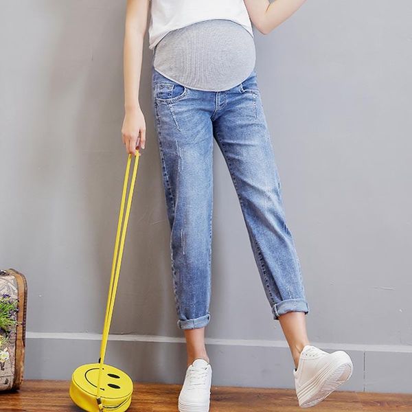 

maternity bottoms vintgae washed denim jeans for pregnant women clothes elastic waist belly loose pants pregnancy gravidas clothing 2021, White