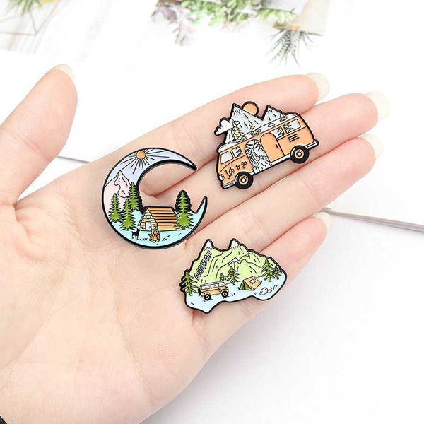 

fashion holiday travel badge crescent scenery bus tent combination alloy brooch jewelry trend accessories, Gray