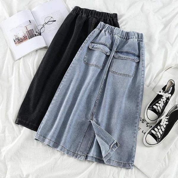 

skirts long denim skirt women plus size pleated vintage jeans maxi elegant elastic waist chic summer 2021, Black