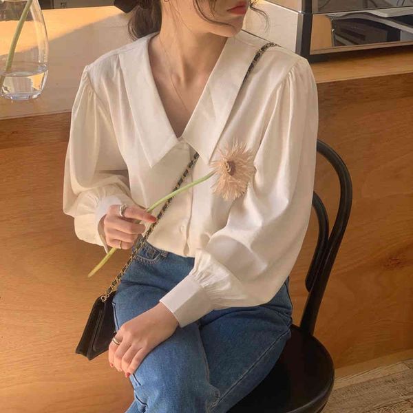 

women's blouses & shirts white femme casual chic gentle lapel solid 2021 girls sweet all match fashion loose kn31