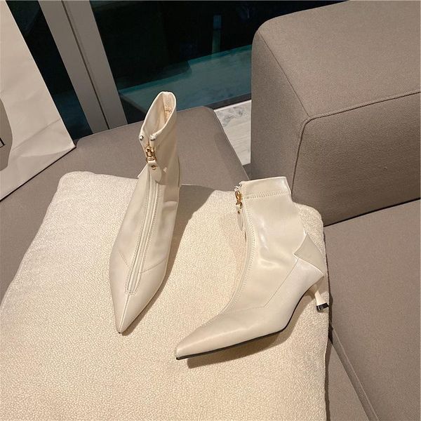 

boots front skinny women's zipper fashion ins fall 2021 sharp point versatile slim heel mesh red, Black