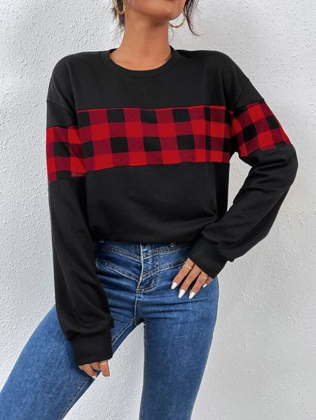 

gingham panel drop shoulder sweatshirt c1dr#, White;black