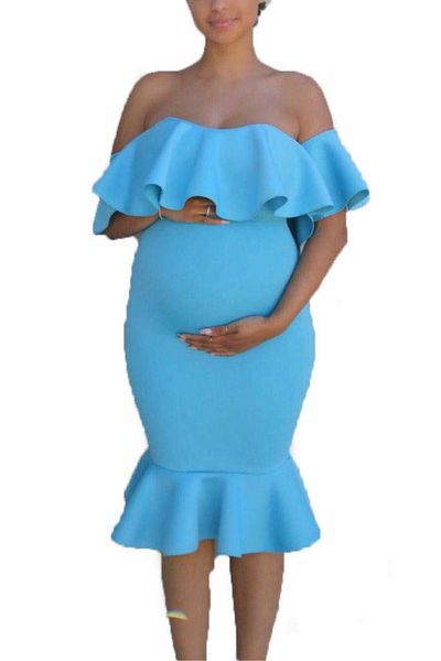 Clássico sexy vestidos de maternidade fotografia adereços atirar rendas chiffon mulheres roupas gravidez dress ombro azul maternidade q0713