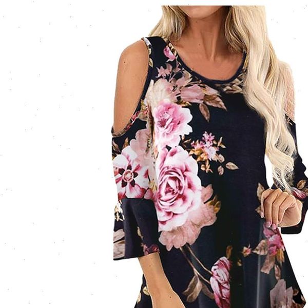 

fashion womens shirts floral print blouse casual off shoulder summer loose tunic female women 3 4 sleeve shirt, White