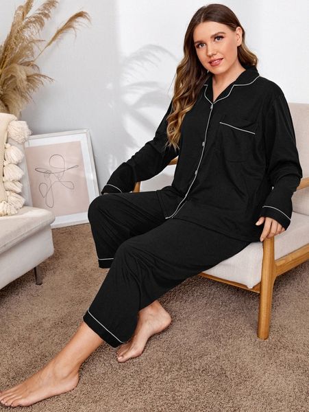 

plus contrast binding pocket front pajama set 99eq#, Black;white