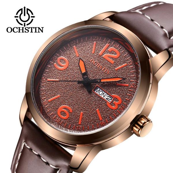 

wristwatches ochstin brand european and american style explosion watch leather waterproof dual calendar quartz male import table, Slivery;brown