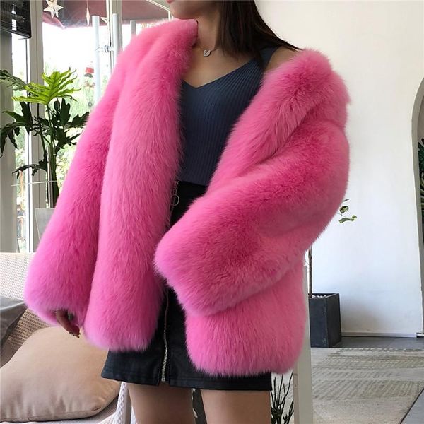 

women's fur & faux warm real coats thicken clothes for women ladies winter short jacket nature fluffy overcoat, Black
