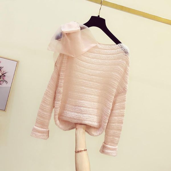 

women's sweaters 2021 autumn winter sweet thin sweater beaded bowknot off-shoulder slash neck knitting shirts pullover, White;black