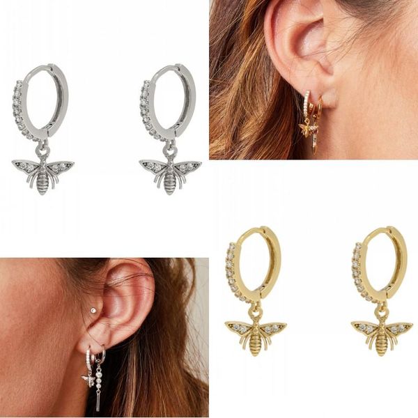 

other fine jewelry cute animal bee pendant hoop earrings for women girl engagement party gift minimalist 925 sterling silver earring, Golden;silver