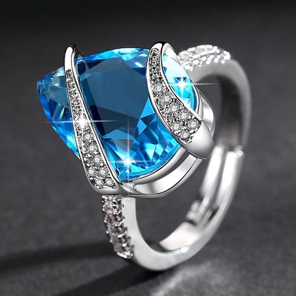 

wedding rings fashion water drop classic ring engagement jewelry sparkling sea blue zircon for women, Slivery;golden