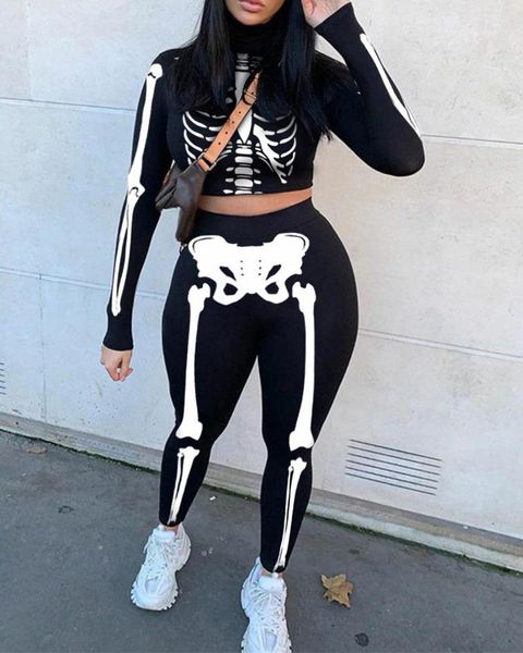 

women's two piece pants skull print slim long sleeve suit, White